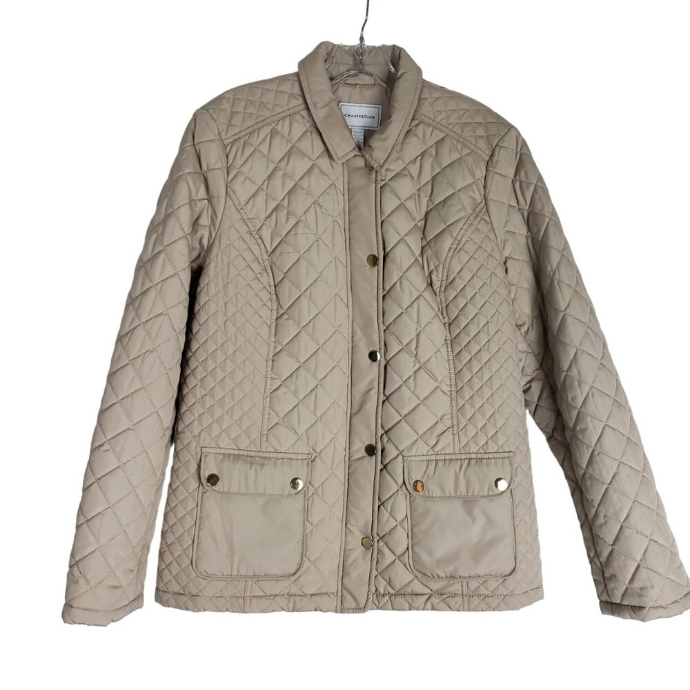 Charter Club Women Medium Tan Quilted Semi Fitted Zip Snap, Lined